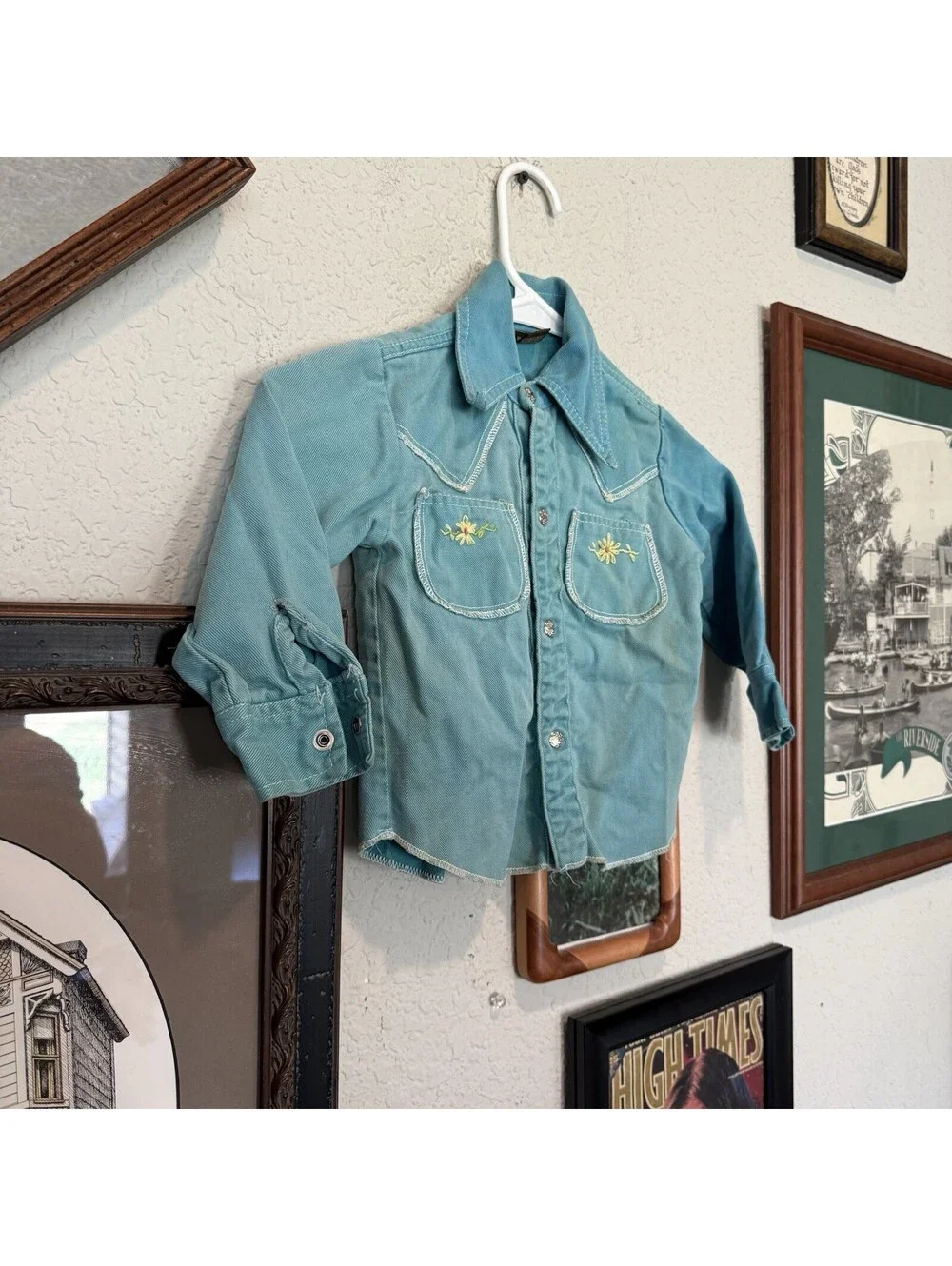 Vintage 70s RARE Blue Kids Mambro Embroidered Western Button Shirt Size Kids 5